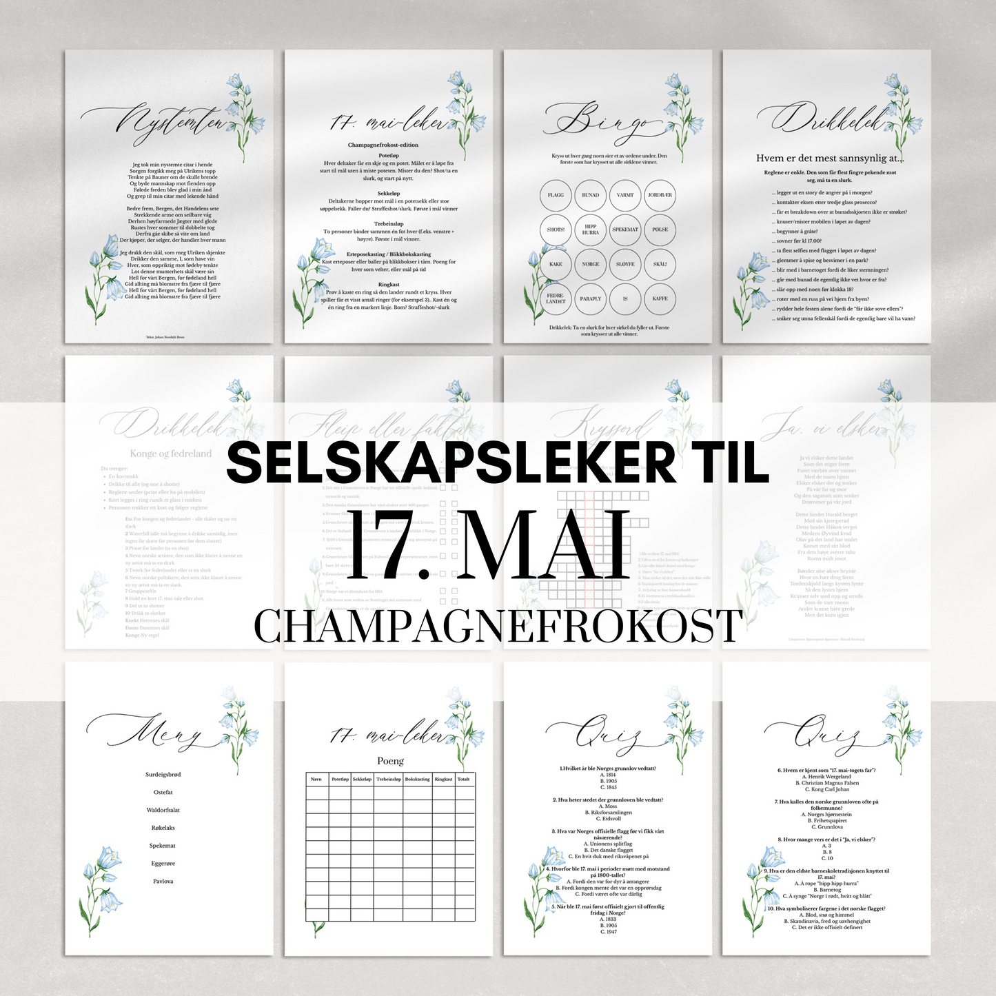 Selskapsleker til 17. mai med blåklokkedesign (champagnefrokost)