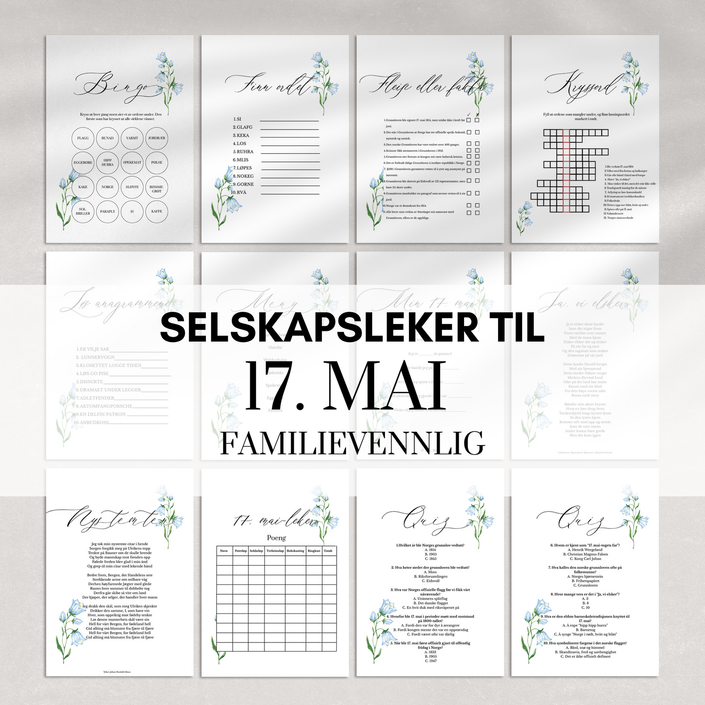Familievennlige selskapsleker til 17. mai med blåklokkedesign
