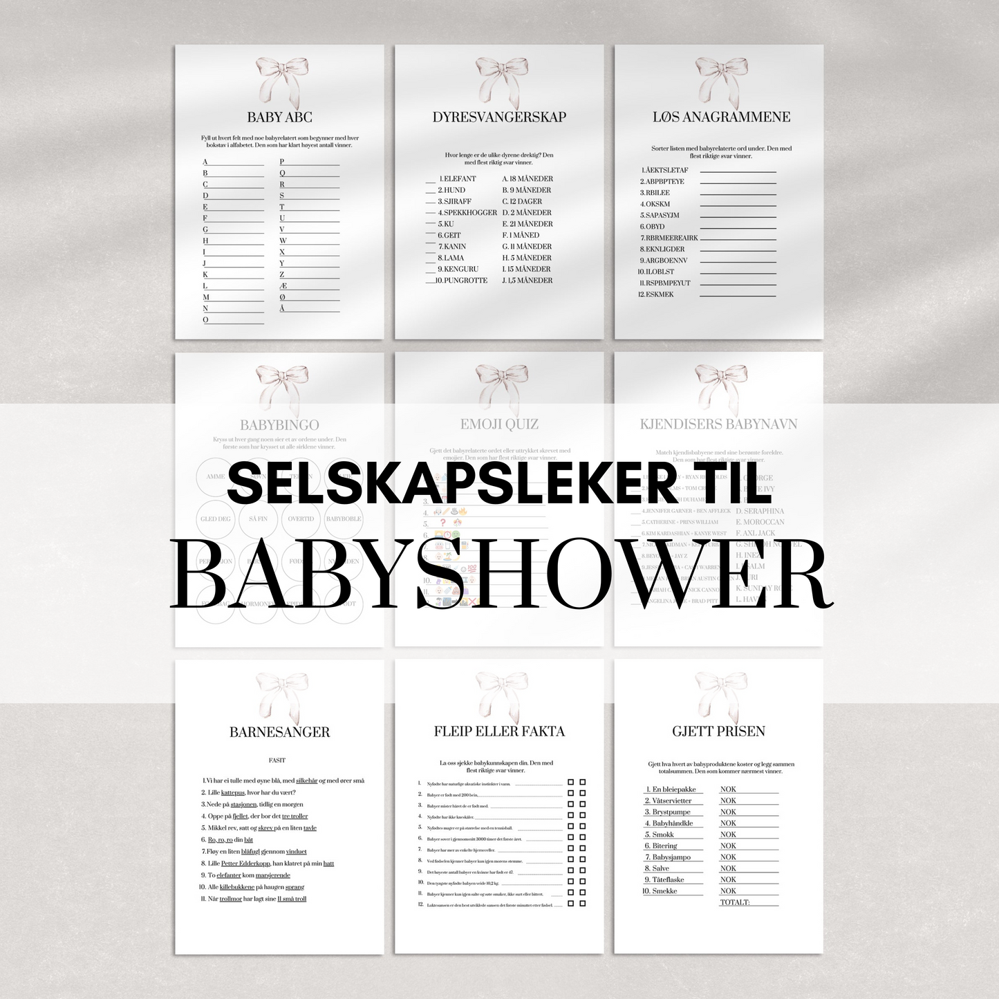Leker til babyshower med hvit sløyfe