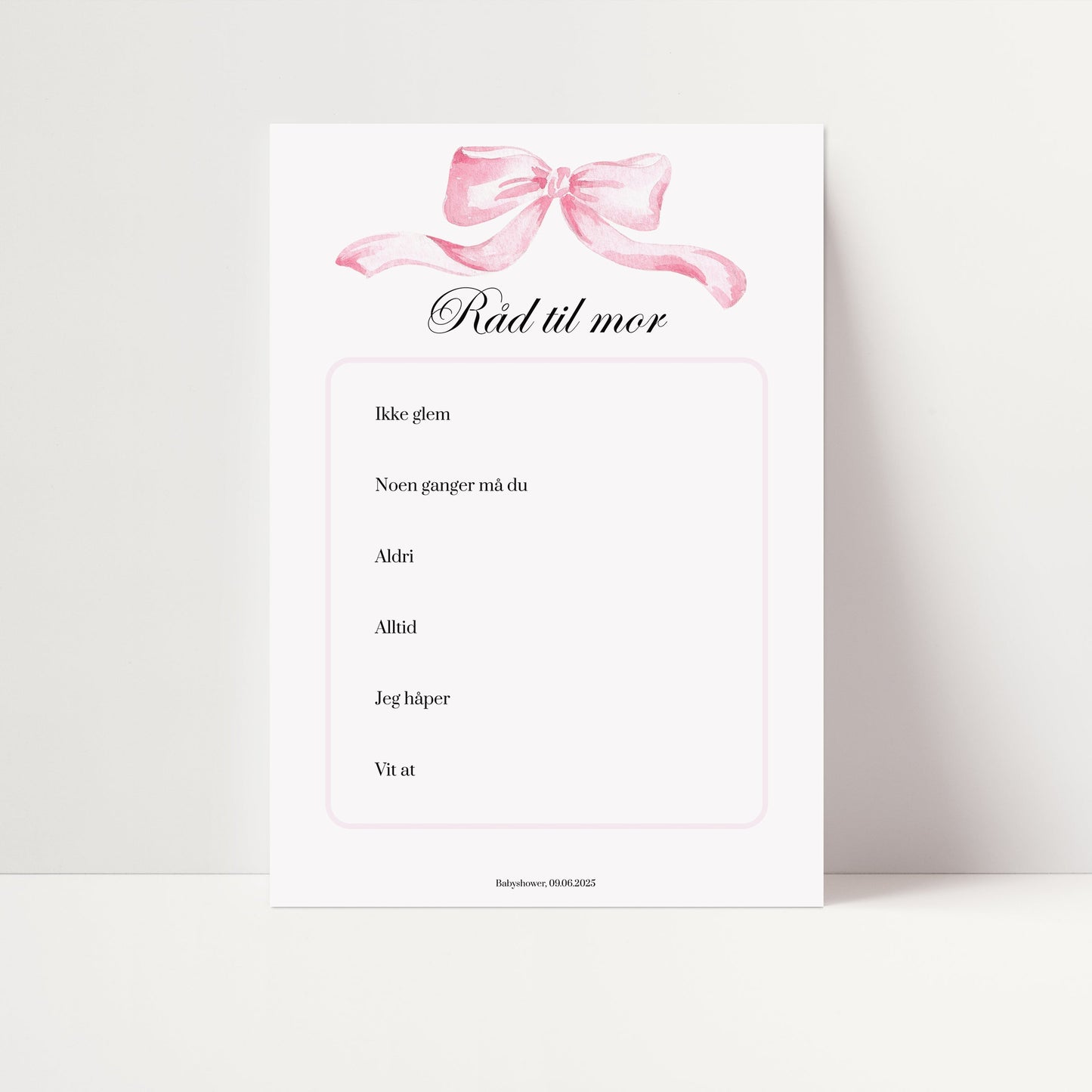 Spådommer til babyshower med rosa sløyfe