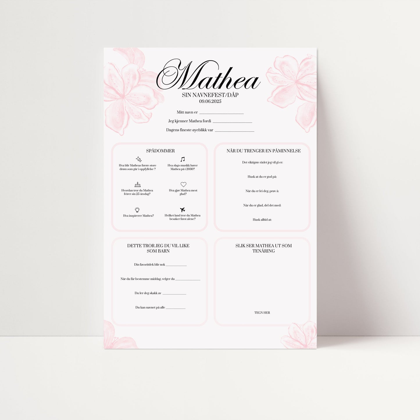 Spådommer til dåp eller navnefest med rosa design