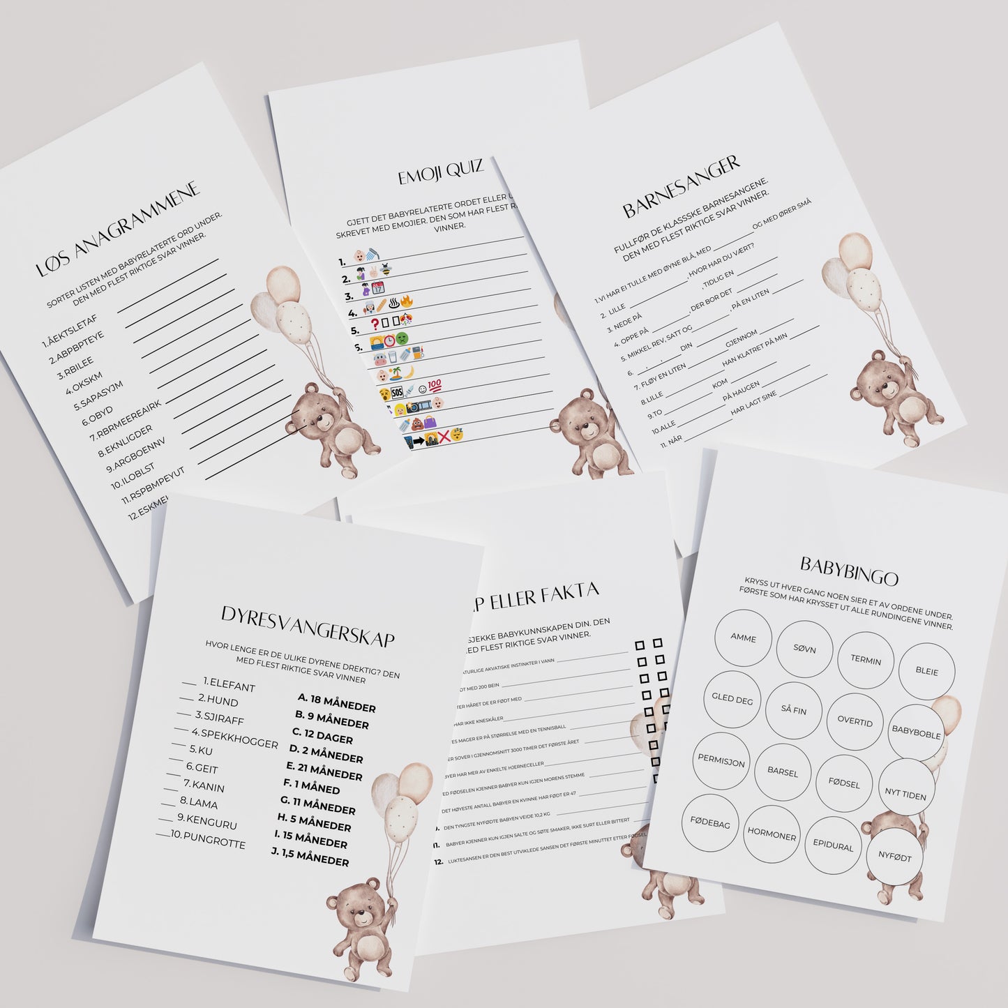 Leker til babyshower med bamsemotiv