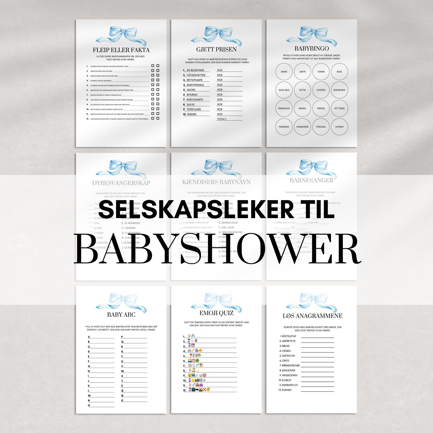 Leker til babyshower med blå sløyfe