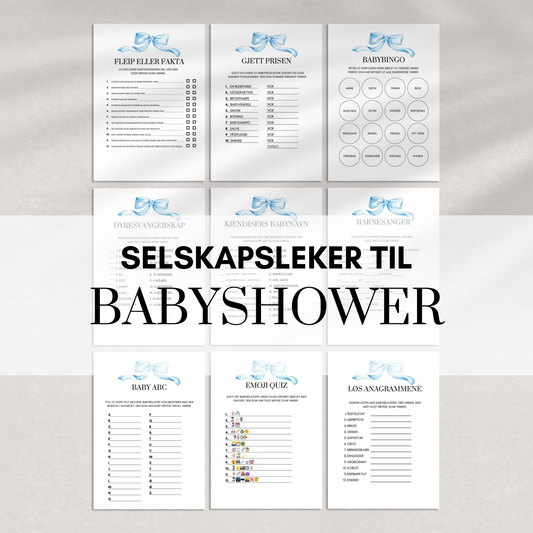 Leker til babyshower med blå sløyfe
