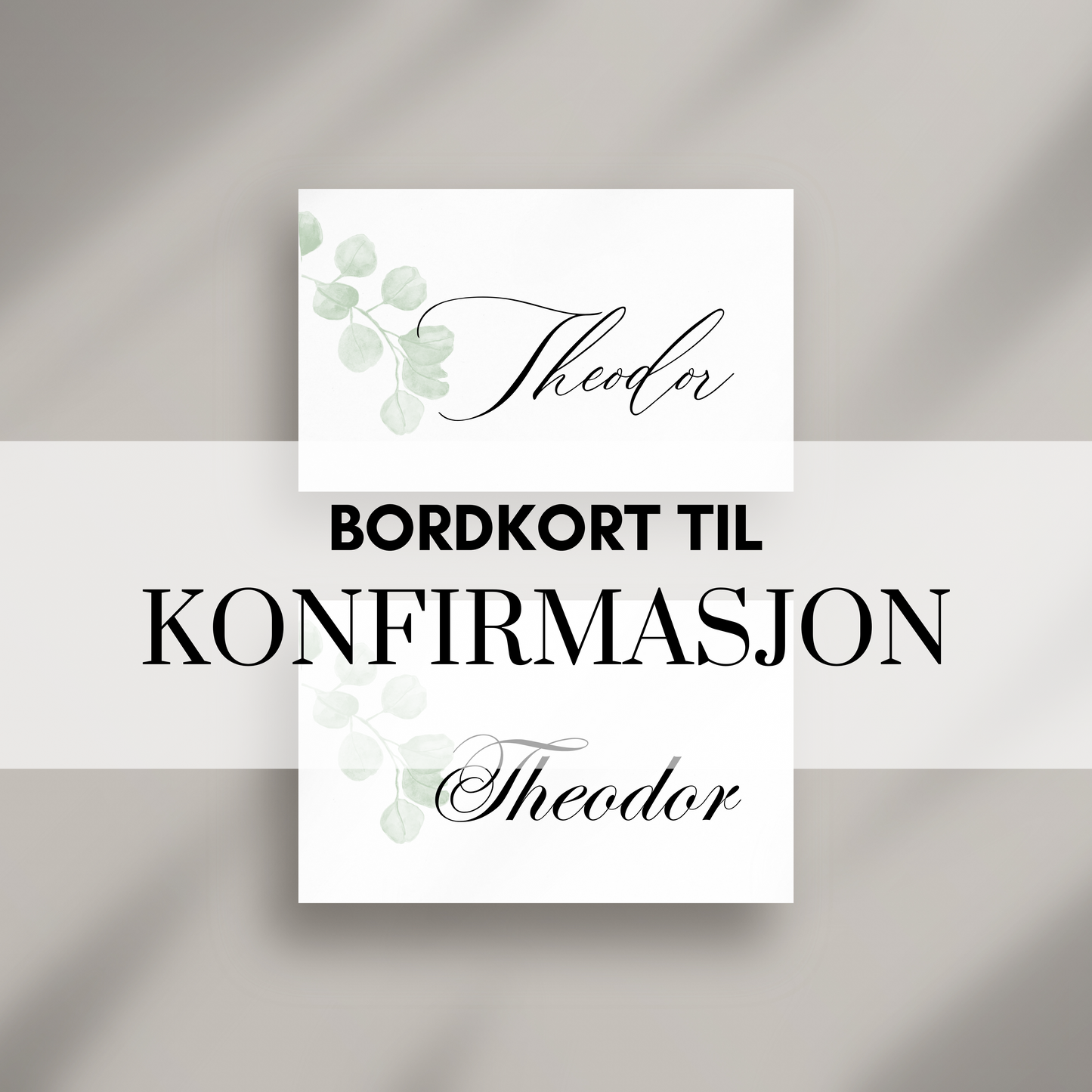 Bordkort til konfirmasjon med eukalyptusdesign
