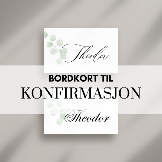 Bordkort til konfirmasjon med eukalyptusdesign