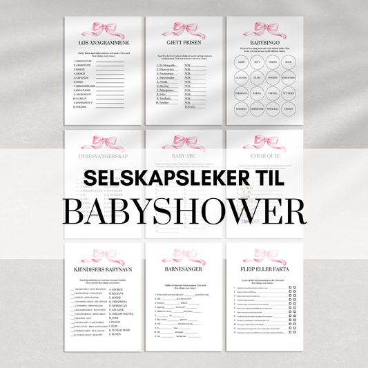 Leker til babyshower med rosa sløyfe