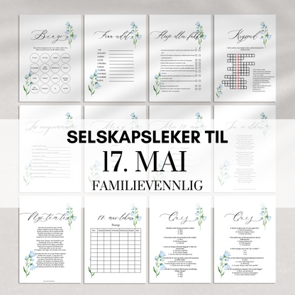 Familievennlige selskapsleker til 17. mai med blåklokkedesign