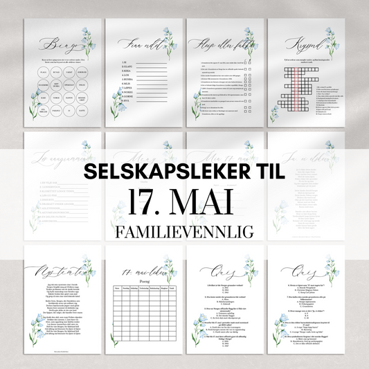 Familievennlige selskapsleker til 17. mai med blåklokkedesign