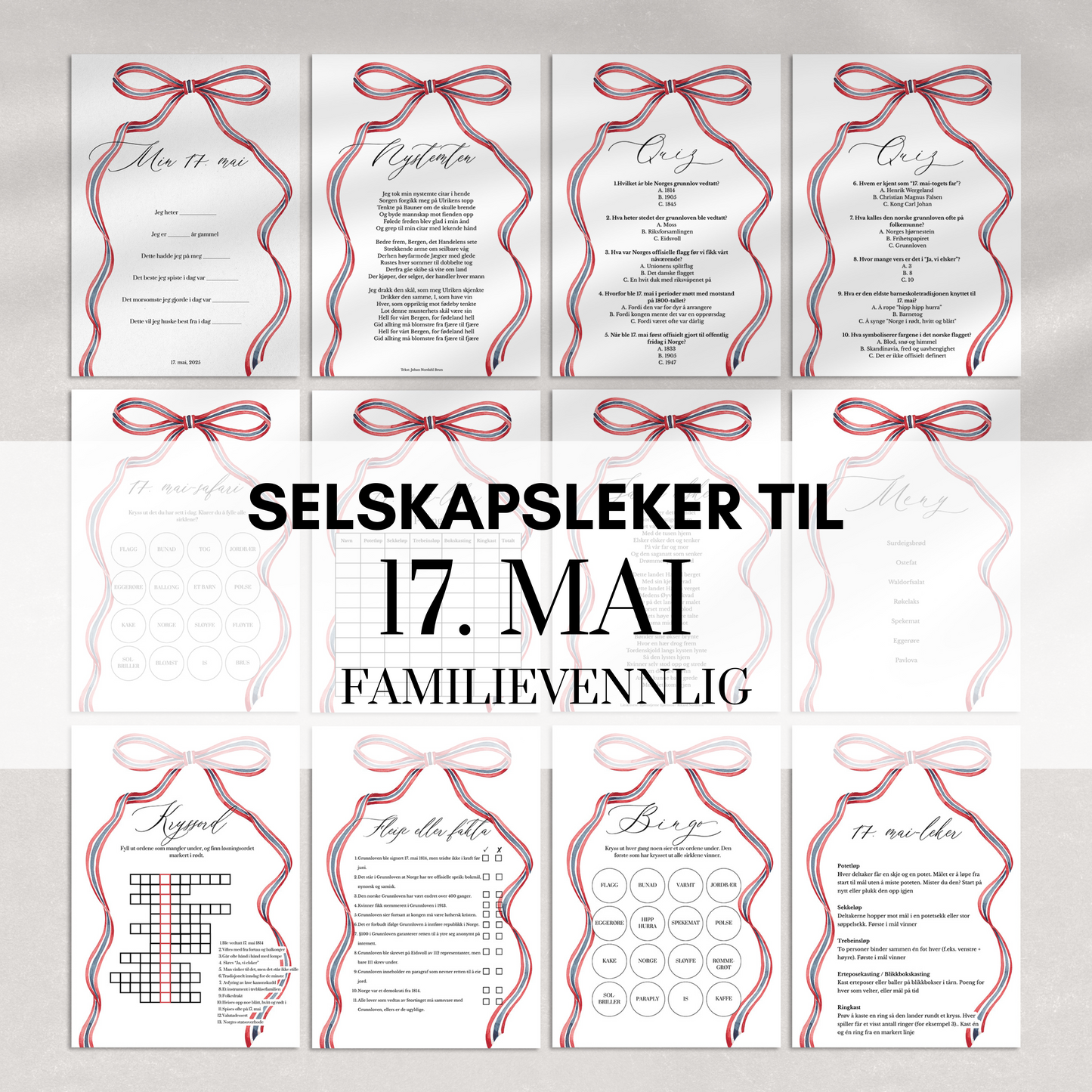 Familievennlige selskapsleker til 17. mai med sløyfedesign