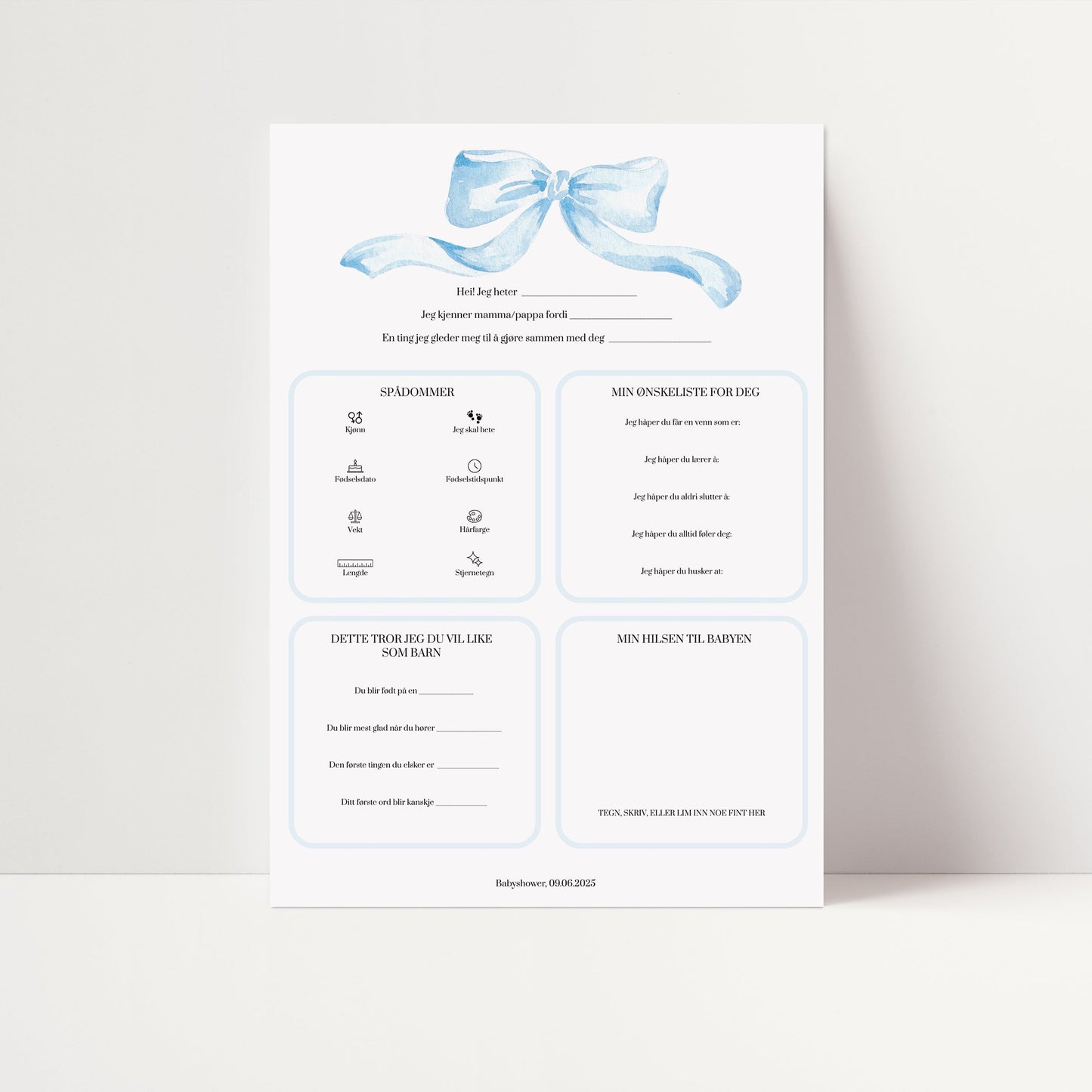 Spådommer til babyshower med blå sløyfe