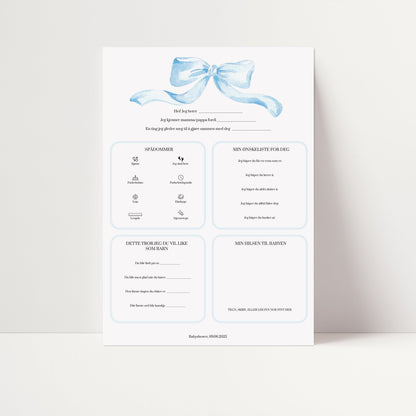 Spådommer til babyshower med blå sløyfe