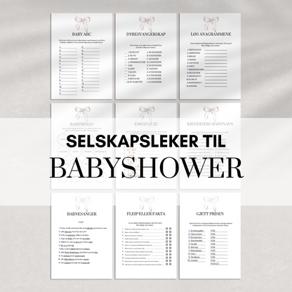 Leker til babyshower med hvit sløyfe