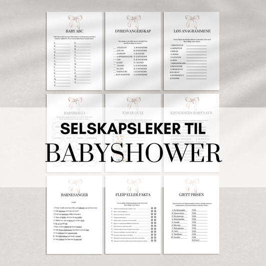 Leker til babyshower med hvit sløyfe