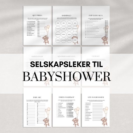 Leker til babyshower med bamsemotiv