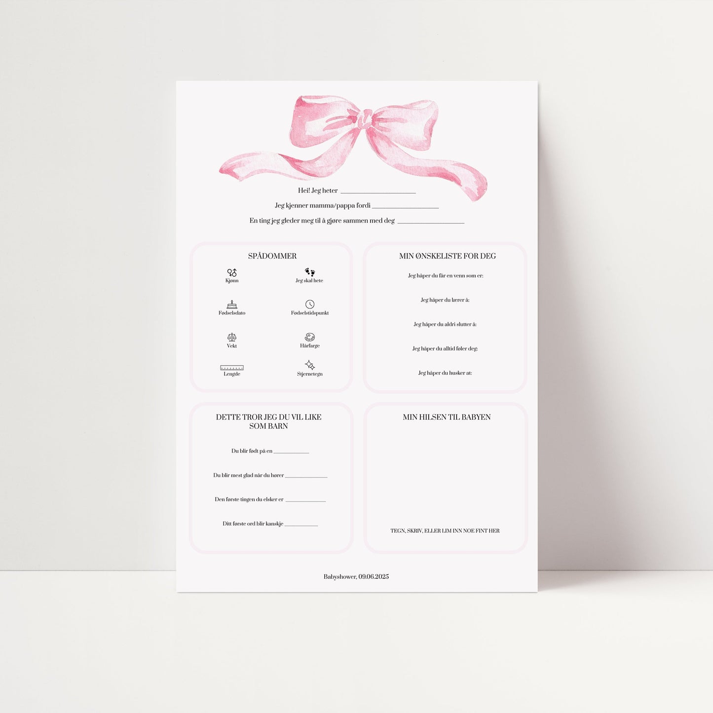 Spådommer til babyshower med rosa sløyfe