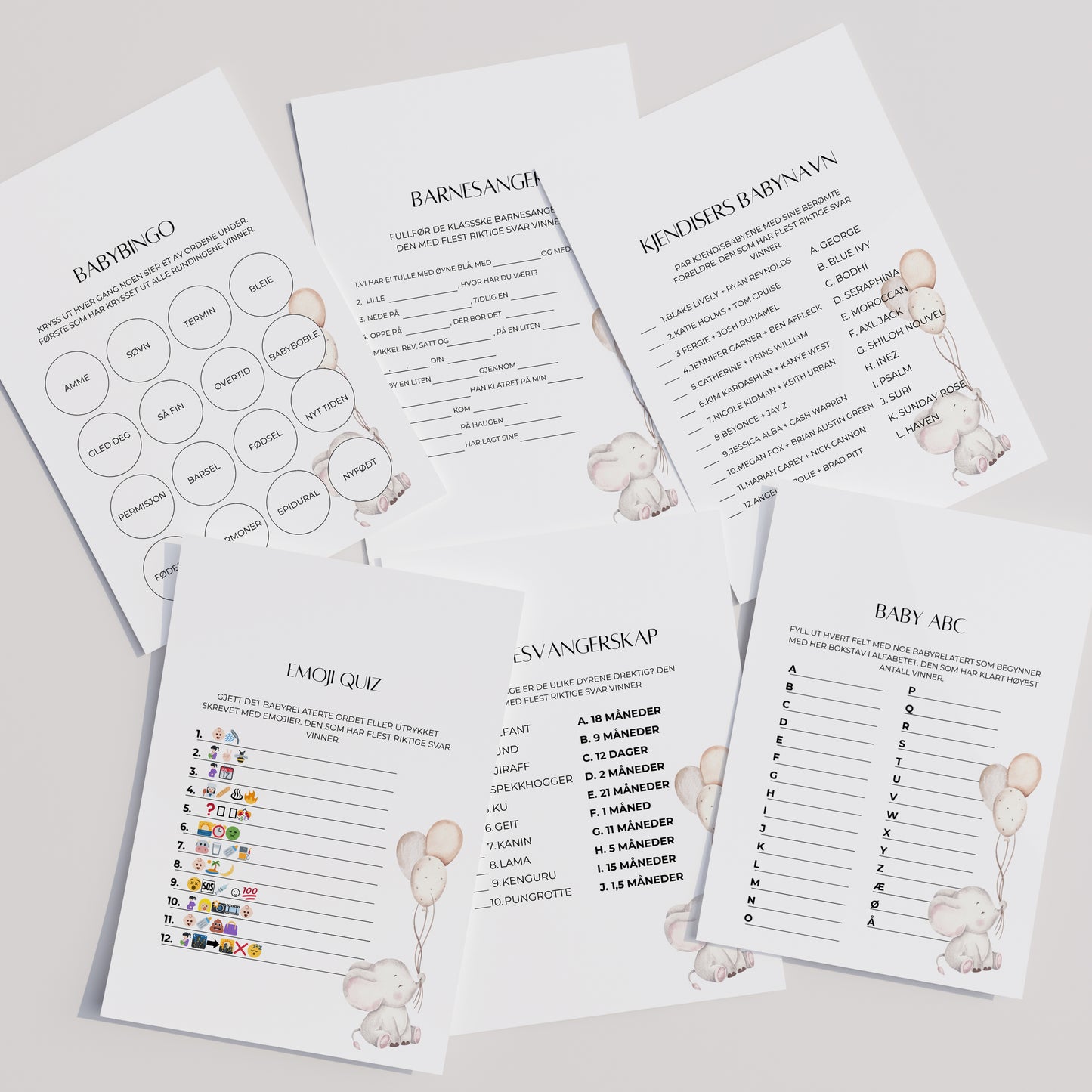 Leker til babyshower med elefantmotiv